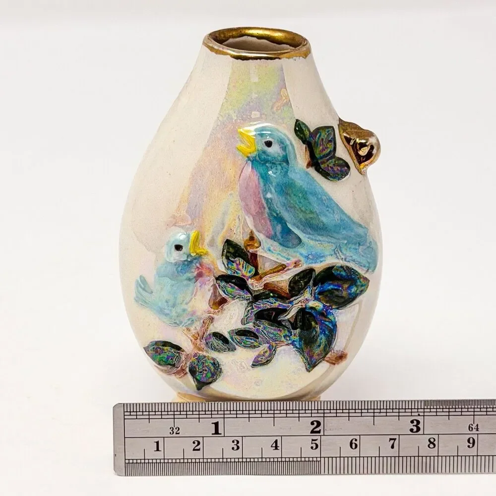 Signed 1972 Studio Pottery 4.5” Lusterware Vase Birds Relief Gold Trim